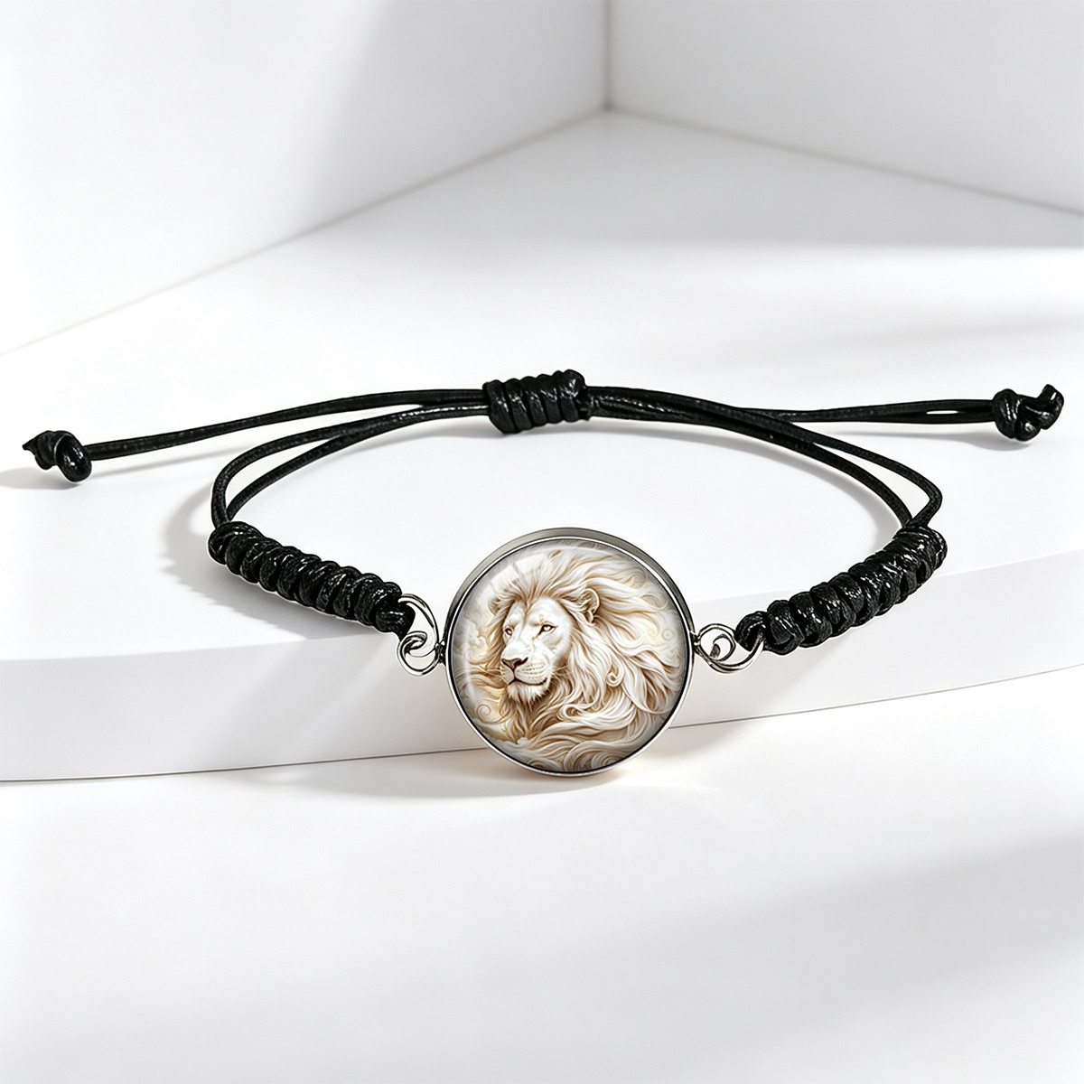 Unisex Light-Colored Lion Art Printed Round Glass Adjustable Bracelet